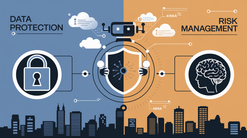 Image split into two halves: left with a blue background and padlock icon for "Data Protection," and right with an orange background and brain icon for "Risk Management." A central shield held by robotic hands and a city skyline below illustrate comprehensive security in Managed IT Services in India.