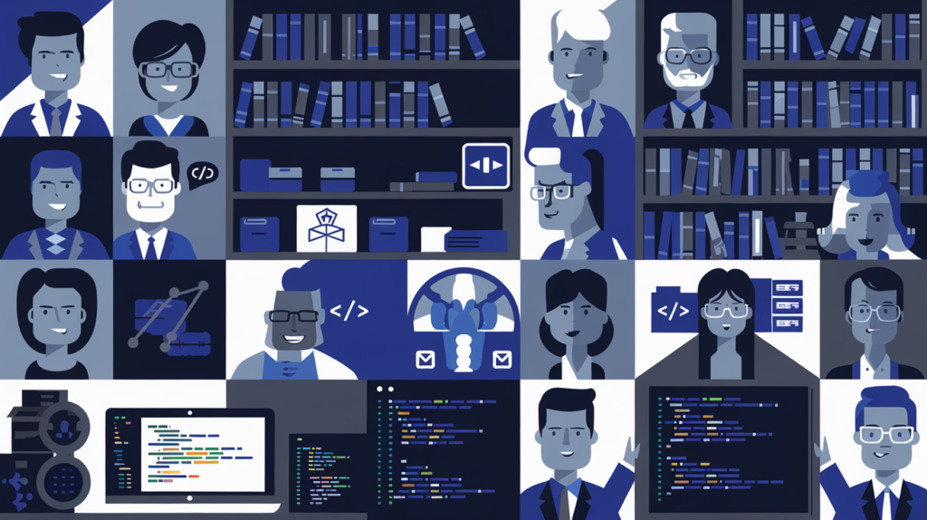 Professional tech environment with team members, coding symbols, computer screens with code, and bookshelves, highlighting expertise and collaboration in Managed IT Services in India.