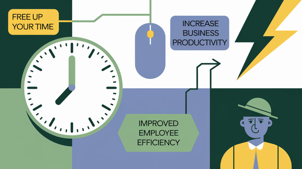 Conceptual infographic showing a large clock with the phrase "Free Up Your Time," a computer mouse icon with "Increase Business Productivity," and "Improved Employee Efficiency" beneath. Features a lightning bolt and a business figure, symbolizing the benefits of Managed IT Services in India.