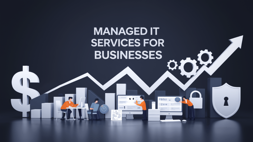 A professional infographic showcasing the benefits of managed IT services, featuring cost-efficiency, expertise, enhanced security, focus on core business, and scalability.