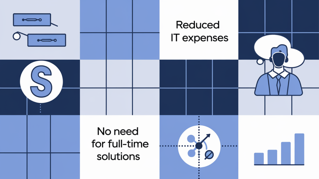 Minimalist image showcasing cost-effective IT solutions with phrases "Reduced IT expenses" and "No need for full-time solutions," icons of tools and customer support, and a growth graph, all in a blue and white color scheme, highlighting Managed IT Services in India.